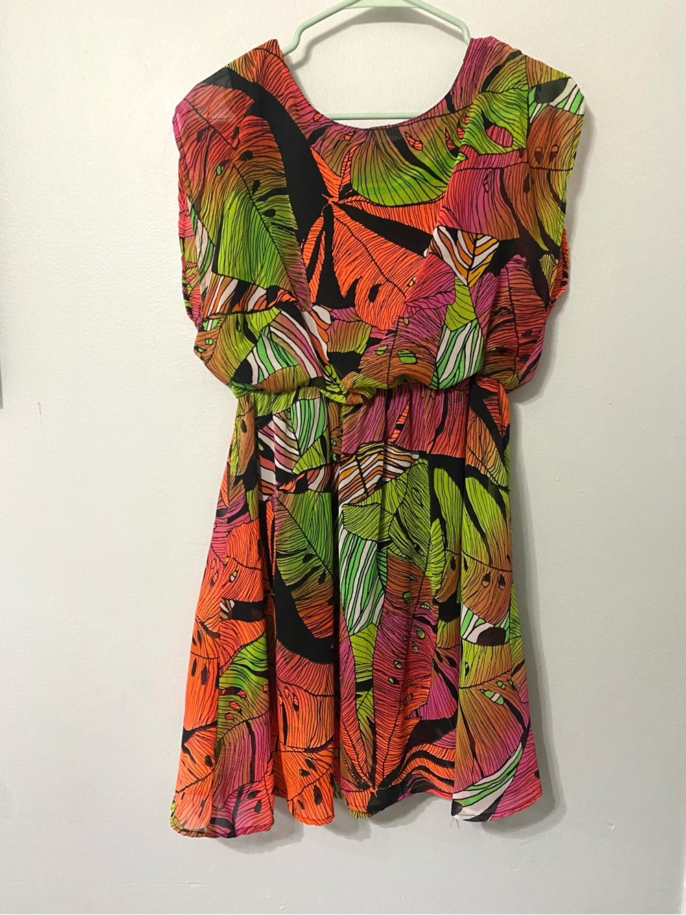 Fun & Flirt Neon Leaf-Print Mini Dress - Orange, Pink, Green